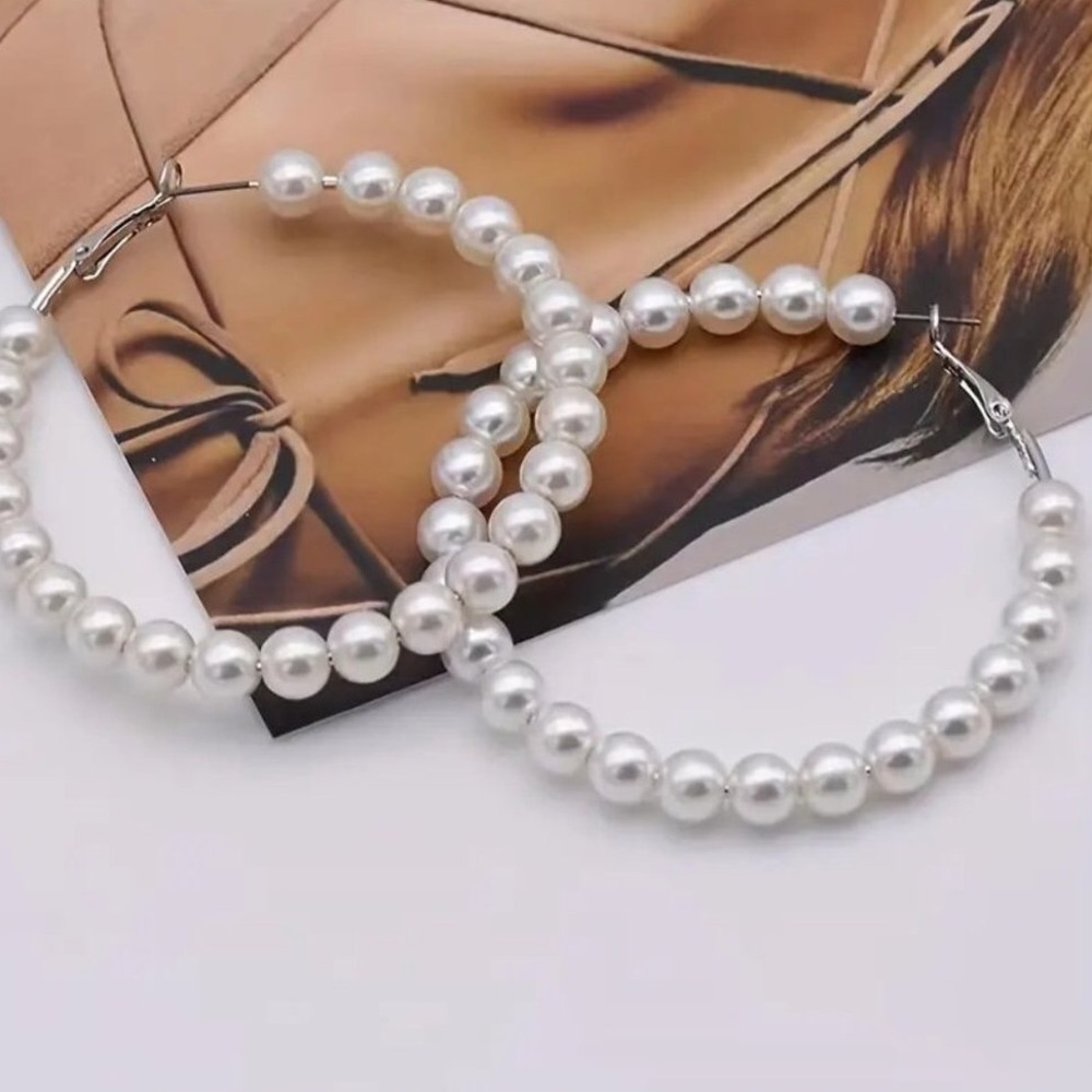 Large Faux Pearl Hoops Silvertone NWT